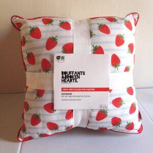 2 x Bouffants And Broken Hearts Pillows Strawberries Blue Stripes Indoor Outdoor